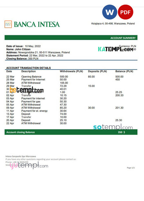 Poland Banca Intesa bank statement template in Word and PDF format