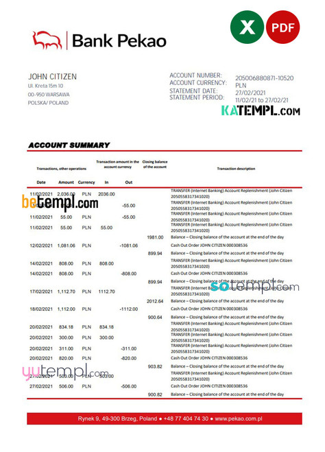 Poland Bank Pekao S.A. bank statement easy to fill template in Excel and PDF format