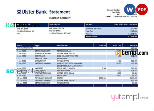 Republic of Ireland Ulster Bank statement template in Word and PDF format, good for address prove