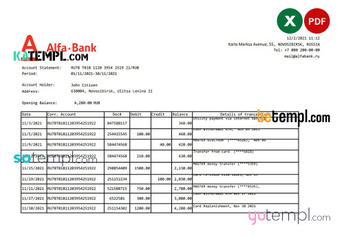 Russia Alfa bank statement easy to fill template in .xls and .pdf file format