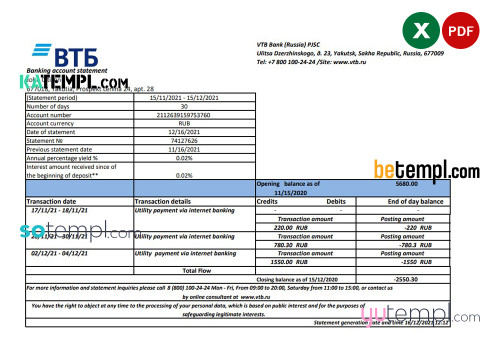Russia VTB bank statement easy to fill template in .xls and .pdf file format