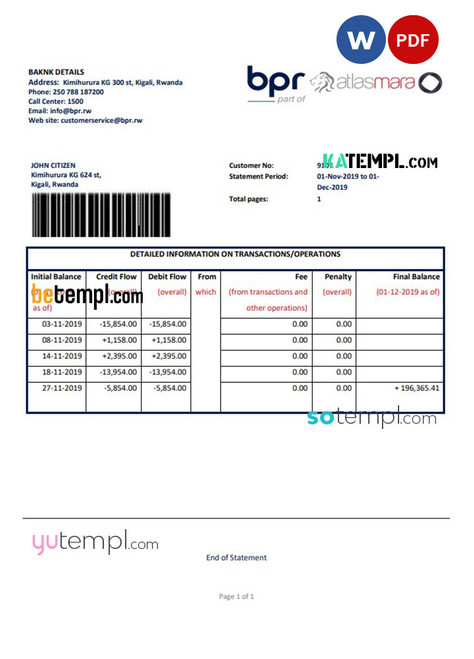Rwanda BPR bank statement template in Word and PDF format
