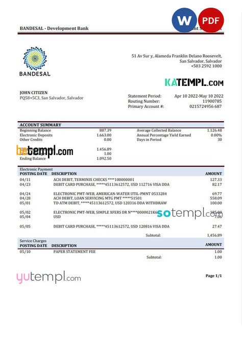 Salvador Bandesal bank statement template in Word and PDF format