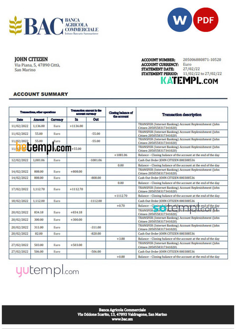 San Marino Banca Agricole Commerciale bank statement template in Word and PDF format San Marino Banca Agricole Commerciale bank statement template in Word and PDF format