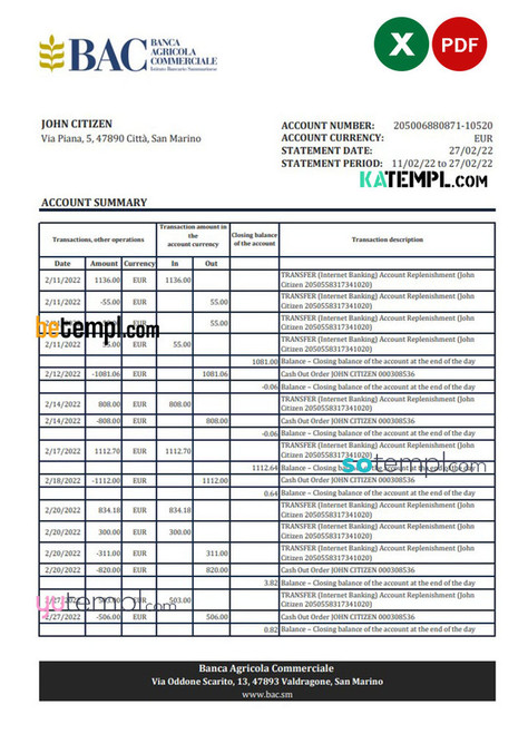 San Marino Banca Agricole Commerciale bank statement, Excel and PDF template San Marino Banca Agricole Commerciale bank statement, Excel and PDF template