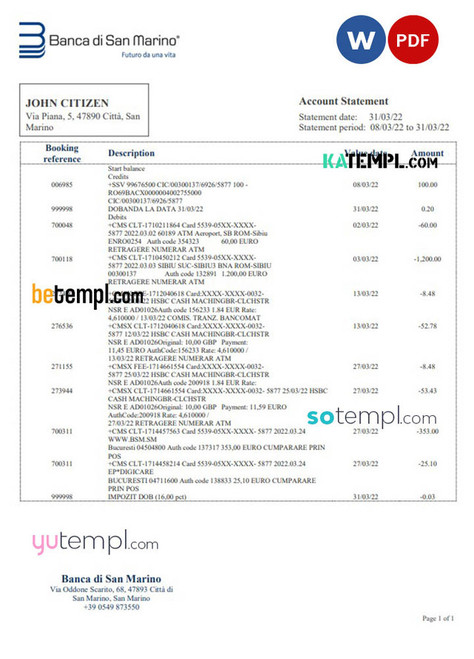 San Marino Banca di San Marino bank statement template in Word and PDF format San Marino Banca di San Marino bank statement template in Word and PDF format