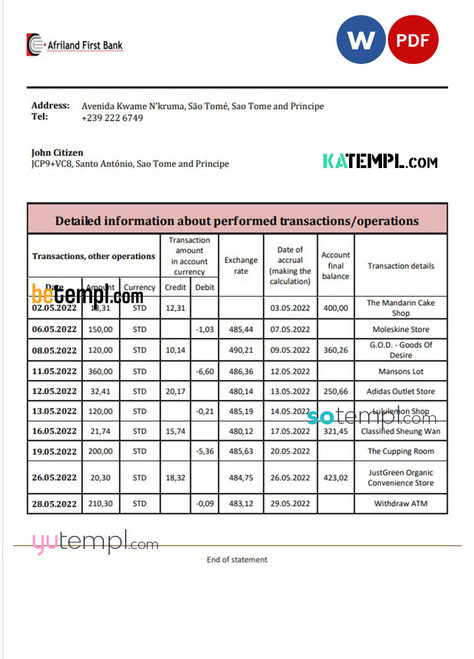 Sao Tome and Principe Afriland First Bank bank statement template in Word and PDF format