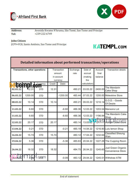 Sao Tome and Principe Afriland First bank statement, Excel and PDF template