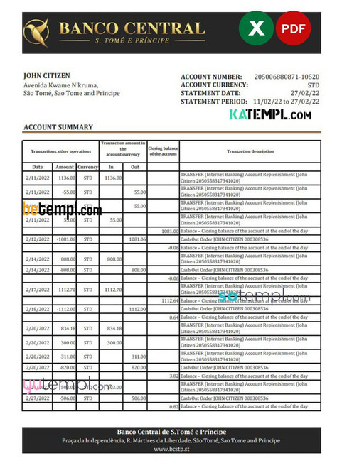 Sao Tome and Principe Banco Central de S.Tome e Principe bank statement, Excel and PDF template