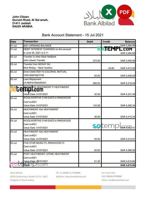 Saudi Arabia Bank Albilad bank statement easy to fill template in Excel and PDF format