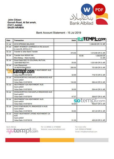 Saudi Arabia Bank Albilad bank statement template in Word and PDF format
