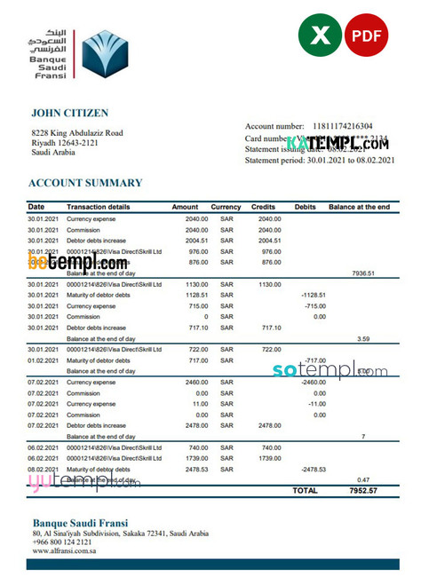 Saudi Arabia Banque Saudi Fransi bank statement easy to fill template in Excel and PDF format