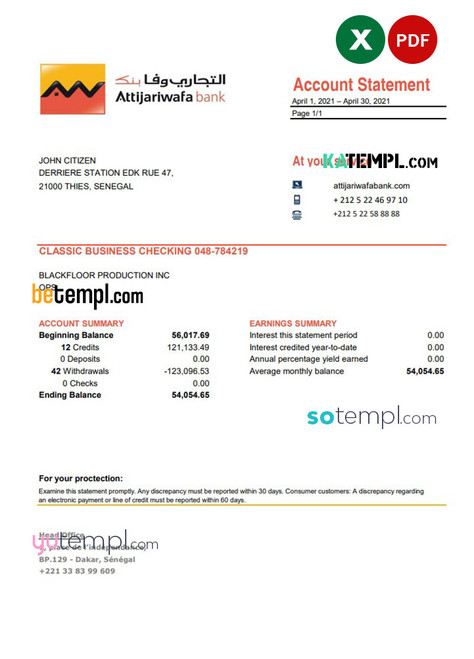 Senegal Attijariwafa Bank statement easy to fill template in Excel and PDF format