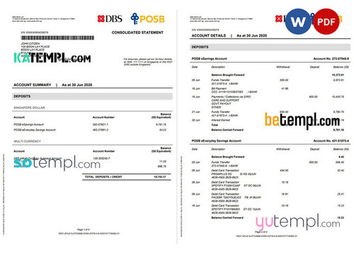Singapore DBS bank proof of address statement template in Word and PDF format, 4 pages