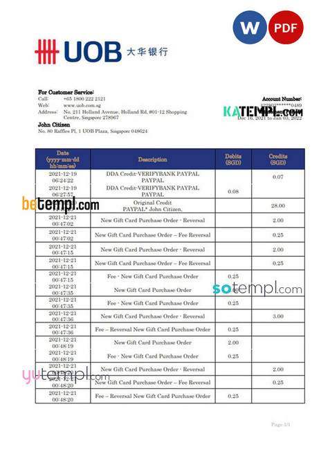 Singapore UOB bank statement template in Word and PDF format