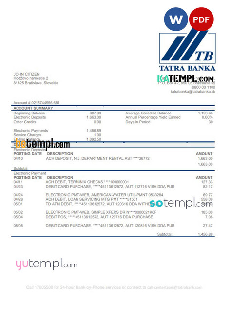 Slovakia Tatra Bank proof of address statement template in Word and PDF format