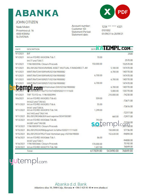 Slovenia Abanka d.d bank statement template in Excel and PDF format