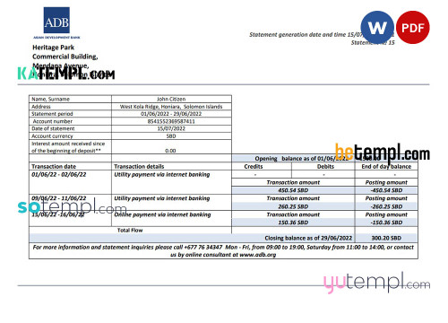 Solomon Islands ADB bank statement template in Word and PDF format