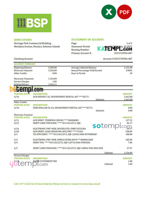 Solomon Islands BSP bank statement, Excel and PDF template