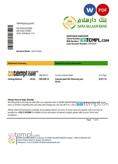 Somalia Dara Salaam Bank statement template in Word and PDF format, good for address prove