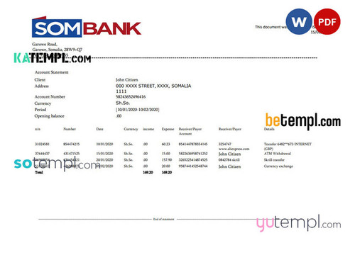 Somalia Sombank bank statement template in Excel and PDF format