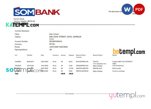 Somalia Sombank bank statement template in Word and PDF format