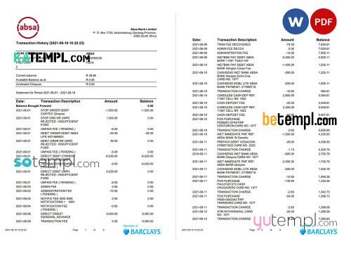 South Africa ABSA bank statement easy to fill template in Word and PDF format (9 pages)