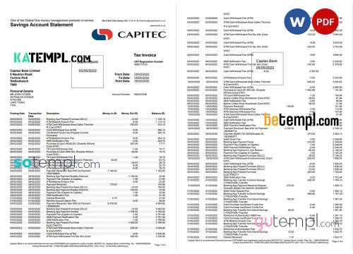 South Africa Capitec bank savings account statement, Word and PDF template, 4 pages