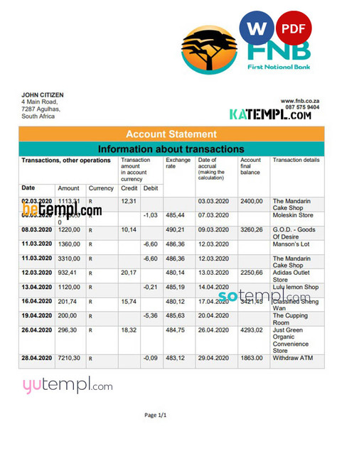 South Africa First National Bank (FNB) proof of address statement template in Word and PDF format