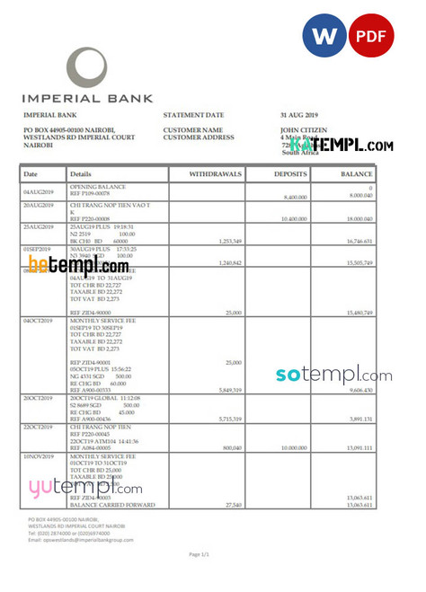 South Africa Imperial Bank statement easy to fill template in Word and PDF format