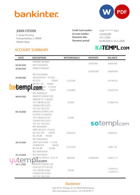 Spain Bankinter bank statement template in Word and PDF format