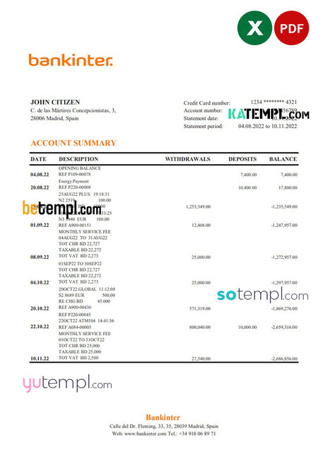 Spain Bankinter bank statement, Excel and PDF template