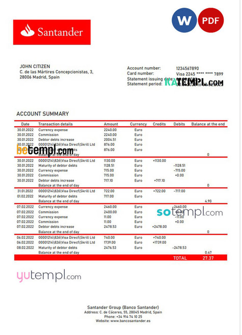 Spain Santander  bank statement template in Word and PDF format, version 2