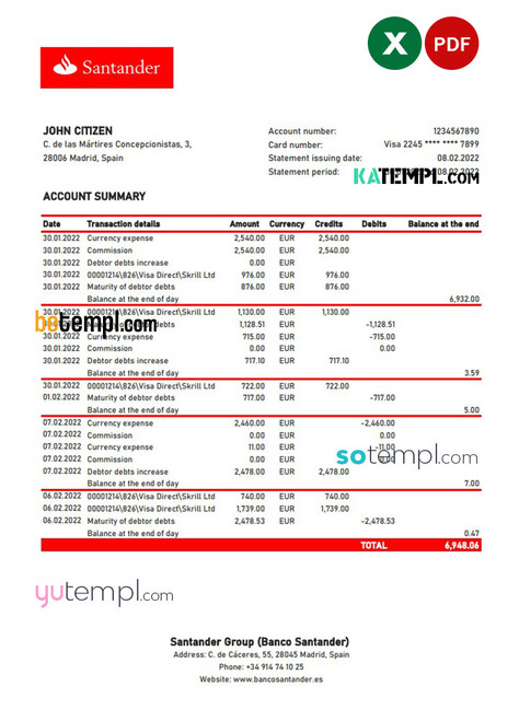 Spain Santander bank statement, Excel and PDF template