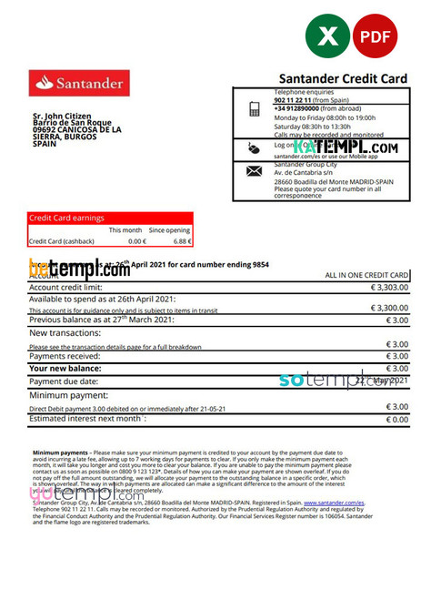 Spain Santander credit card proof of address bank statement in Excel and PDF format