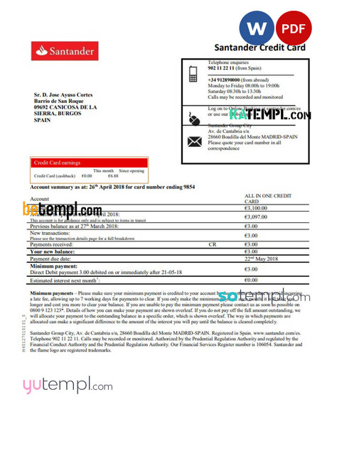 Spain Santander credit card proof of address bank statement in Word and PDF format