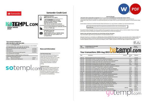 Spain Santander credit card statement template, Word and PDF format (.doc and .pdf), 2 pages