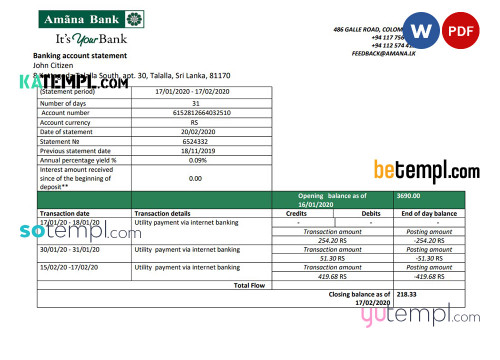Sri Lanka Amana bank proof of address statement template in Word and PDF format