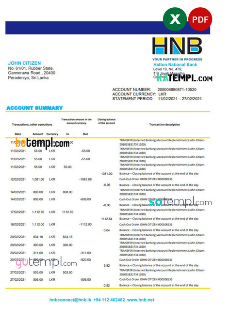 Sri Lanka Hatton National Bank bank statement template in Excel an PDF format