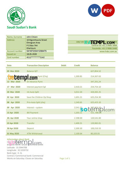 Sudan Saudi Sudanese Bank proof of address statement template in Word and PDF format