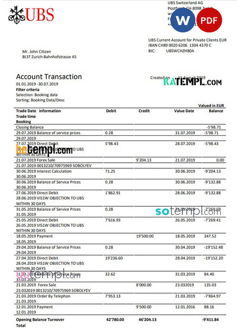 Switzerland UBS bank proof of address statement template in Word and PDF format, version 1
