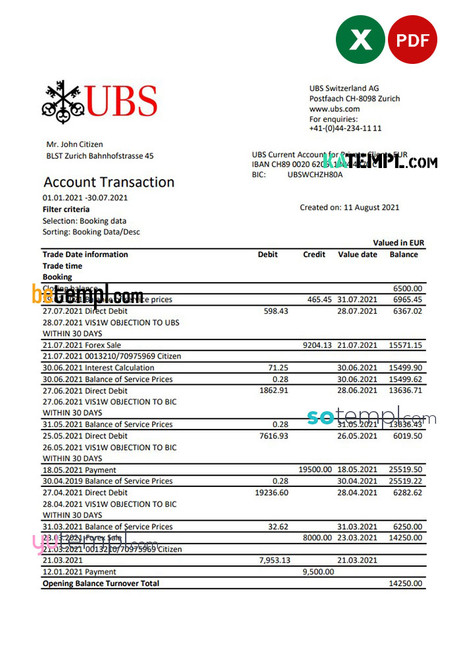 Switzerland UBS Bank statement easy to fill template in Excel and PDF format