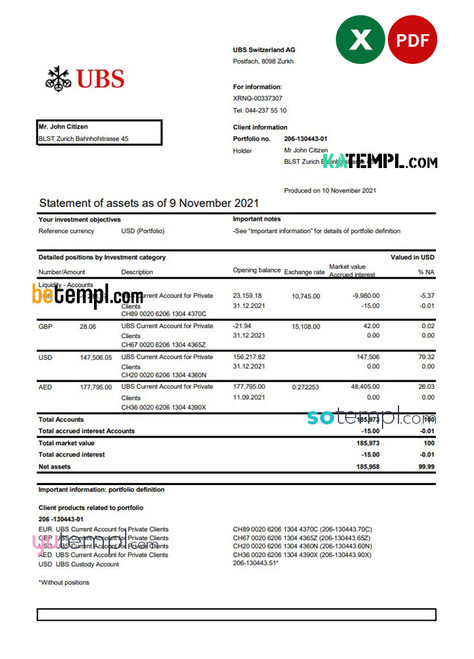 Switzerland UBS bank statement template in .xls and .pdf file format, Version 2