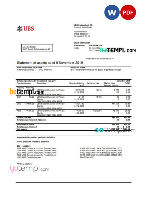 Switzerland UBS bank statement template in Word and PDF format, version 2 Switzerland UBS bank statement template in Word and PDF format, version 2