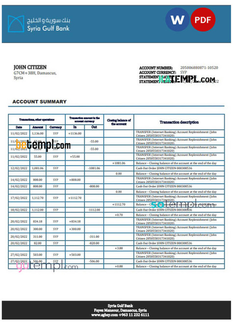 Syria Gulf Bank statement template in Word and PDF format