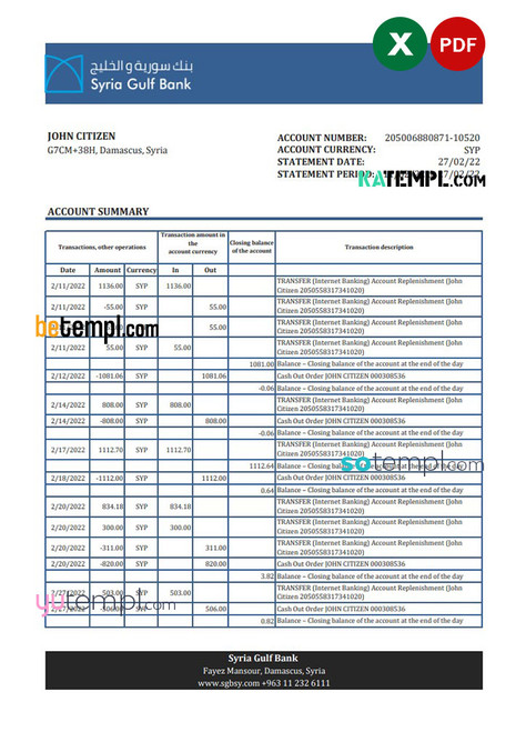 Syria Gulf bank statement, Excel and PDF template