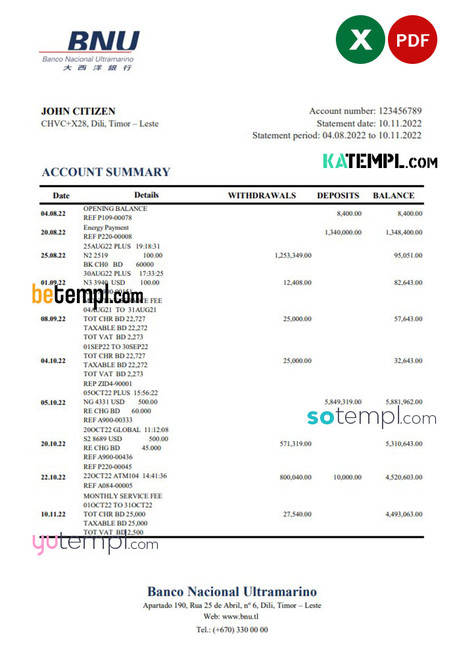 Timor-Leste BNU bank statement, Excel and PDF template