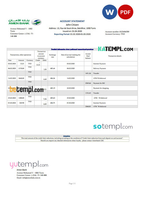 Tunisia Amen Bank statement easy to fill template in Word and PDF format
