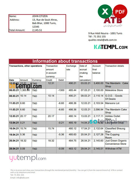 Tunisia ATB Bank statement easy to fill template in Excel and PDF format