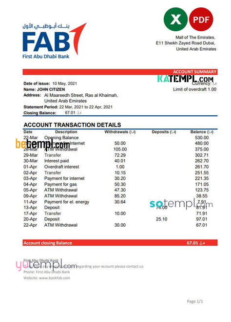 UAE First Abu Dhabi Bank statement easy to fill template in .xls and .pdf file format UAE First Abu Dhabi Bank statement easy to fill template in .xls and .pdf file format